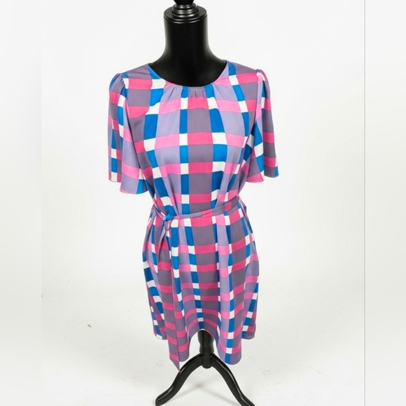 Ann Taylor Factory Plaid Flutter Sleeve Flare Dress | Large | Blue Purple - Picture 3 of 10